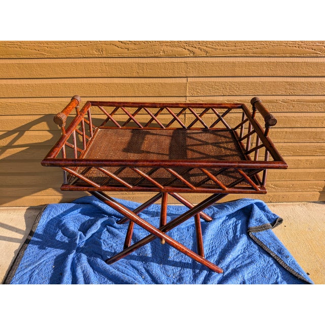Vintage Butler Tray Serving Table Featuring a Dark Stained Finish and Distinctive Woven Rattan Panels. For Sale In Dallas - Image 6 of 14