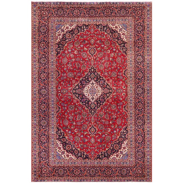 Vintage Retro Kashan Red/Blue Wool Rug - 9'9'' X 12'9'' For Sale - Image 10 of 10