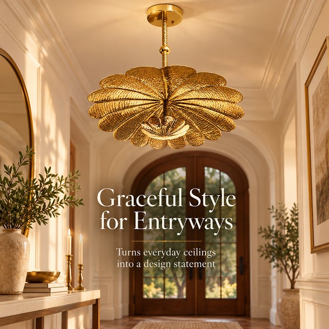 Handmade Brass Floral Ceiling Light, Vintage Lotus Flower Chandelier, Hammered Brass Pendant Light, Scalloped Ceiling Fixture For Sale - Image 11 of 13
