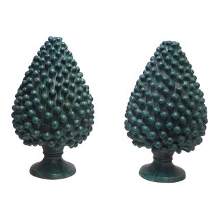 Vintage Italian Green Glazed Terra Cotta Pine Cones - a Pair For Sale