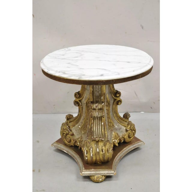 Italian Regency Florentine Carved Wood 18" Round Marble Top Pedestal Side Table For Sale - Image 11 of 12