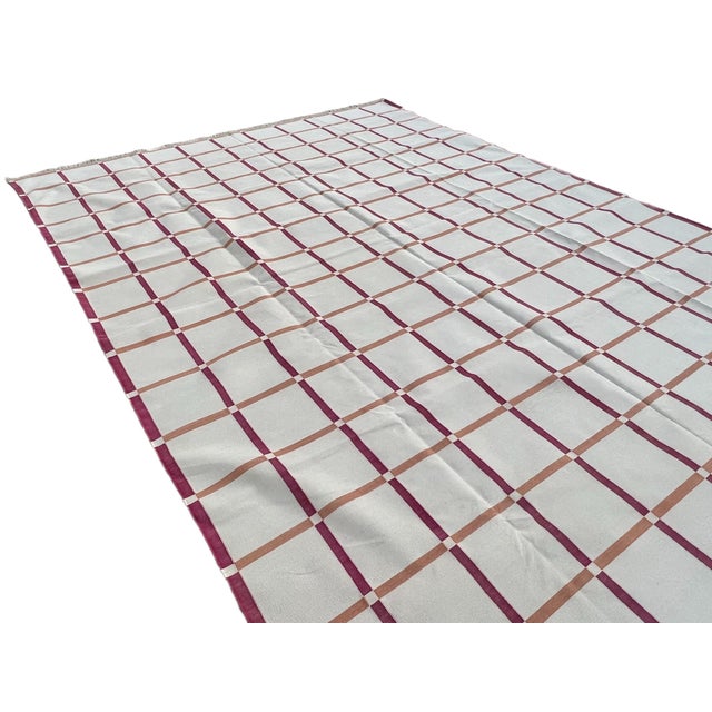 Textile Not Yet Made - Made To Order Handmade Cotton Area Rug Cream, Raspberry Pink & Terracotta Red Windowpane Dhurrie - 9'x12' For Sale - Image 7 of 11