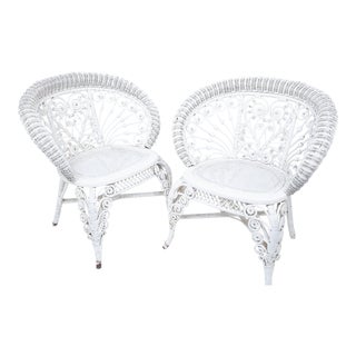 Heywood Company Victorian White Wicker Parlor Armchairs - A Pair For Sale