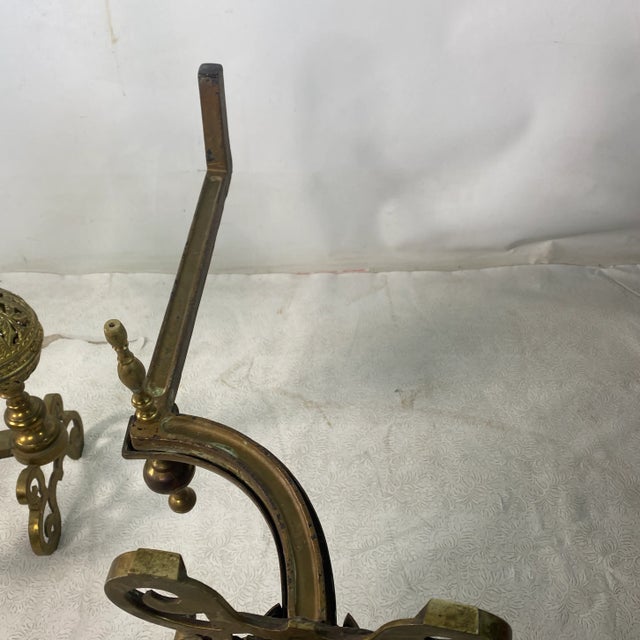 Brass Antique Pair Quality Gold Gilt Brass Pierced Floral Design Andirons For Sale - Image 8 of 11