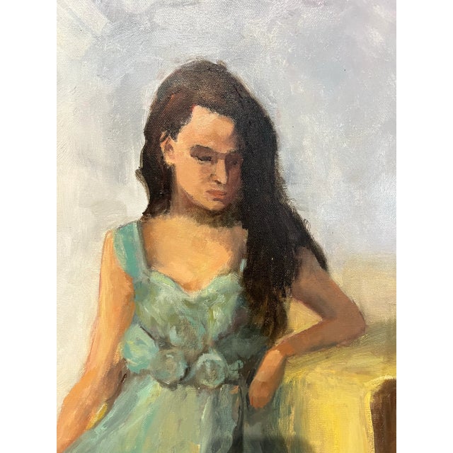 Boho Chic Vintage Barbara Lebhar Oil on Canvas of a Young Lady in a Blue Dress Titled Mood Indigo For Sale - Image 3 of 8