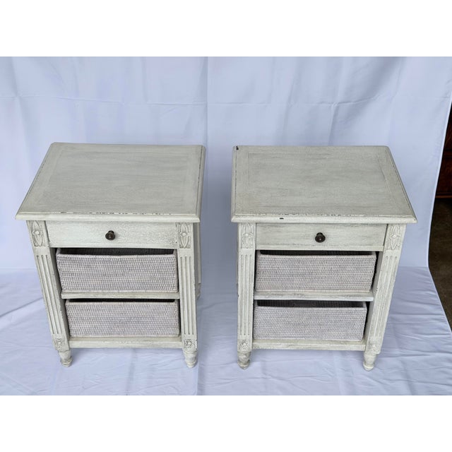 French Late 20th Century Pair of Distressed French Style Nightstands With Woven Basket Shelves For Sale - Image 3 of 10