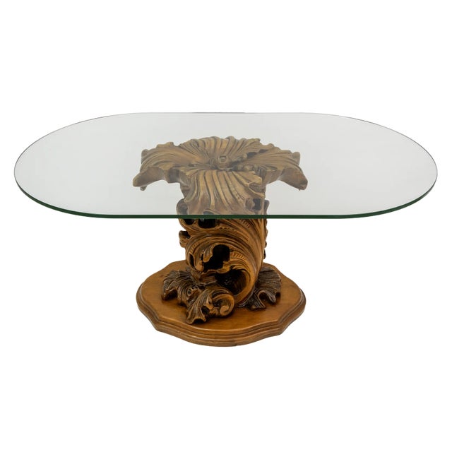 Mid-Century Modern Carved Wooden Base Coffee Table For Sale