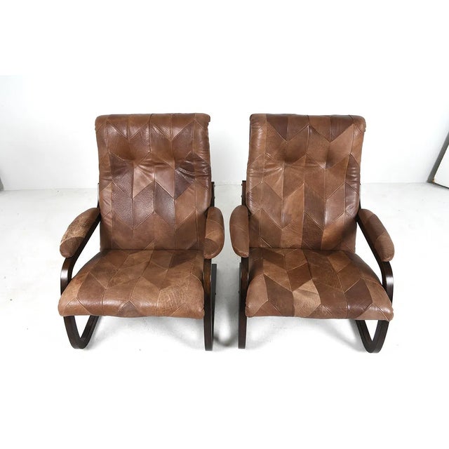 Mid 20th Century Scandinavian Bentwood Lounge Chairs With Patchwork Leather - A Pair For Sale In Philadelphia - Image 6 of 14