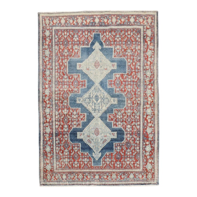 Zabihi Collection Ink Blue Antique Persian Senneh Rug - 3'7" x 4'10" For Sale