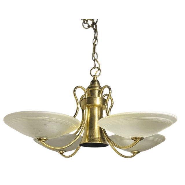 Vintage Danish Modern Brass and Frosted Glass Chandelier Light For Sale In Pittsburgh - Image 6 of 9