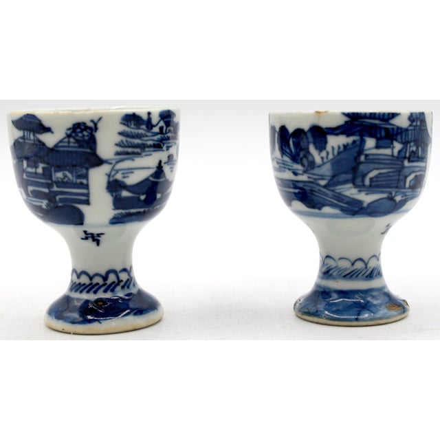 Early 19th century Chinese Export Blue Canton pair of egg cups. Finely decorated. One with 3/4" hairline. Frits under...