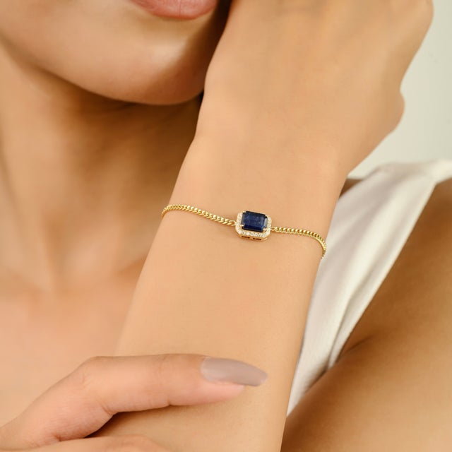Blue Sapphire & Diamond Emerald Cut Link Bracelet in 14k Gold For Sale In New York - Image 6 of 11