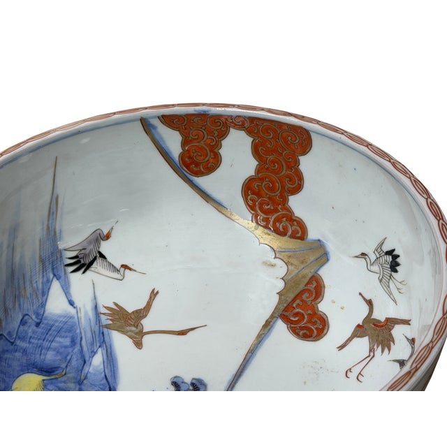 9.5" Asian Style Longevity Cranes Cloud Painted Porcelain Art Bowl For Sale - Image 12 of 14