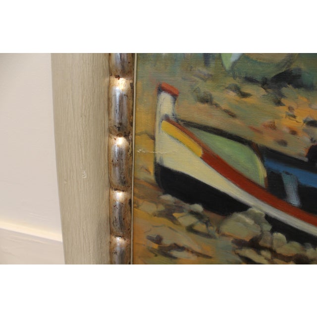 Textile Mid Century Oil Painting of French Fishing Town by Artist Tanguy Le Roy For Sale - Image 7 of 10