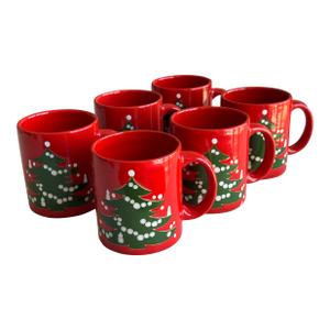 1980s Waechtersbach Christmas Tree Mugs – Set of 6 Red Stoneware
