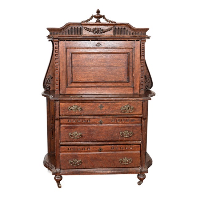 Late 19th Century Victorian Renaissance Revival Carved Drop-Front Secretary Desk For Sale