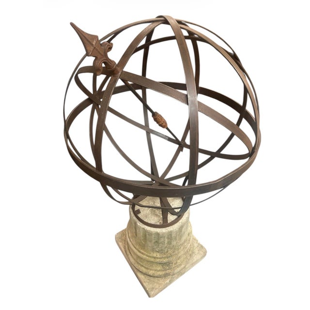 Vintage Wrought Iron Armillary Sphere on Cast Stone Pedestal For Sale - Image 4 of 6