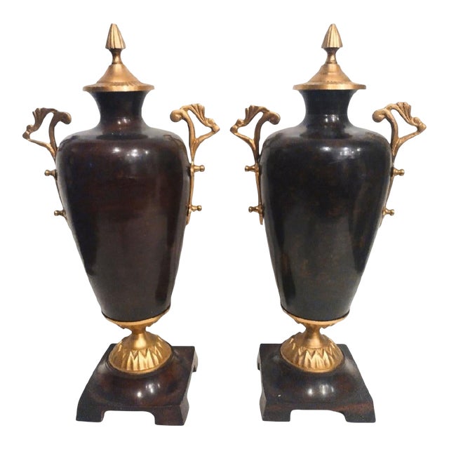 Vintage Large Heavy Metal Dark Brown Tortoiseshell Brass Decorative Urns- A Pair For Sale