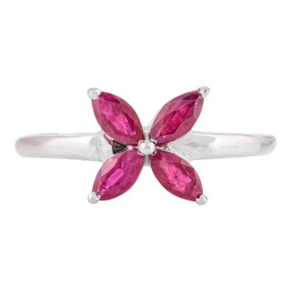 Ruby Flower Ring With Marquise Cut Ruby Set in 14k Solid White Gold Size 7 For Sale