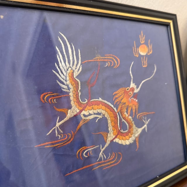 Blue Mid 20th Century Asian Silk Dragon & Phoenix Embroidery ~ a Pair For Sale - Image 8 of 11