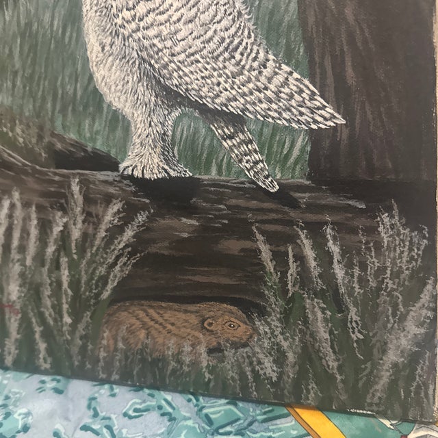 1970s Mid-Century Modern Folk Art Style Snowy Owl Oil Painting – Original Woodland Biophilic Canvas For Sale - Image 5 of 12