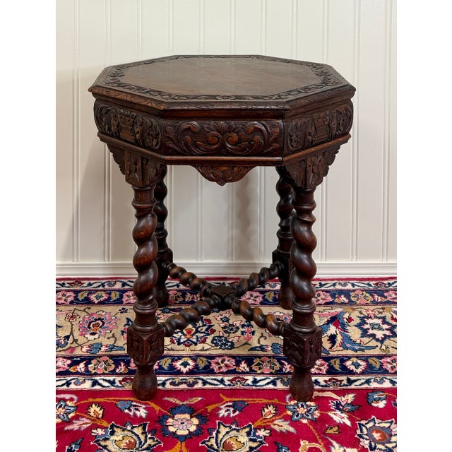 Antique French Octagonal Table Renaissance Revival Carved Barley Twist Oak 19thC For Sale - Image 4 of 16