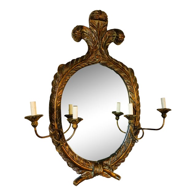 Vintage John Richard Carved and Gilt Oval Mirror With Double Sconces