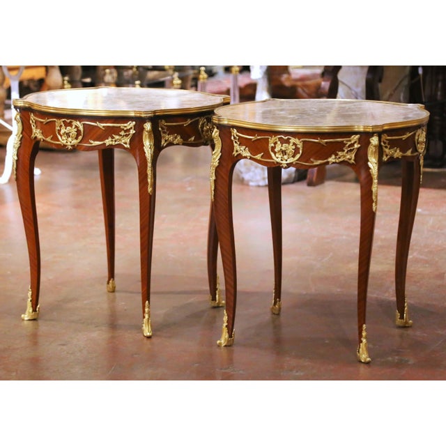 Pair of Mid-C. French Louis XV Marble-Top Mahogany & Ormolu Mounted Side Tables For Sale In Dallas - Image 6 of 11