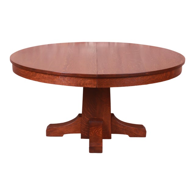 Antique Stickley Mission Oak Arts & Crafts Pedestal Dining Table With