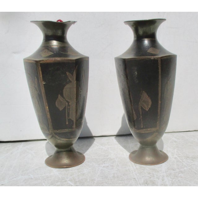 Antique Japanese Egyptian Revival Brass Vases - A Pair of 2 For Sale - Image 4 of 8