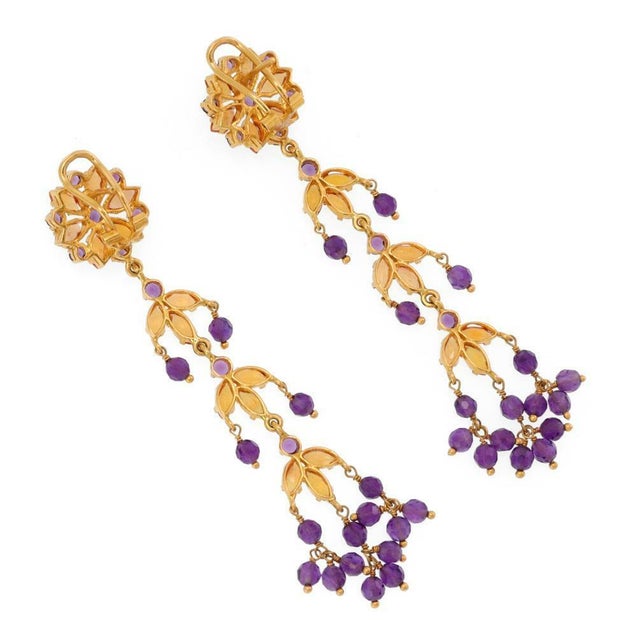 Stunning 22k Gold Amethyst Citrine Long Dangle Floral Earrings -LIQUIDATION, 2 pieces For Sale - Image 4 of 5