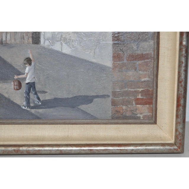 Urban Landscape / Inner City Basketball Court Oil Painting C 1970s