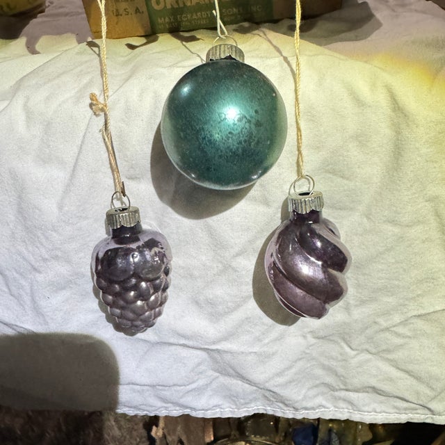 Set of 12 Shiny Brite Christmas ornaments in their original cardboard box. Circa late 1940s to early 1950s, post WWII. All...