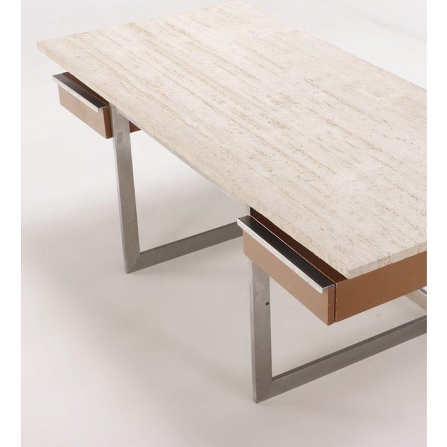 1970s Large Executive Desk With Travertine Top and Steel Base. France, 1970's For Sale - Image 5 of 7