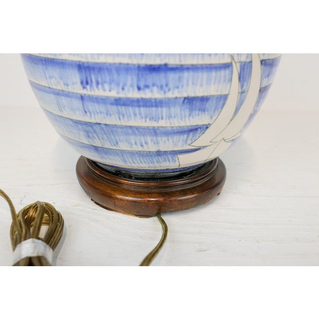 Blue and White Mid Century Studio Pottery Table Lamp With Sailing Motif and Dual Pull Chain Lights For Sale - Image 10 of 12