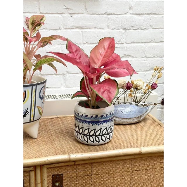 Vintage French ceramic cachepôt by Roger Capron (circa 1960s). A luscious creamy white base with a top band in a repeating...