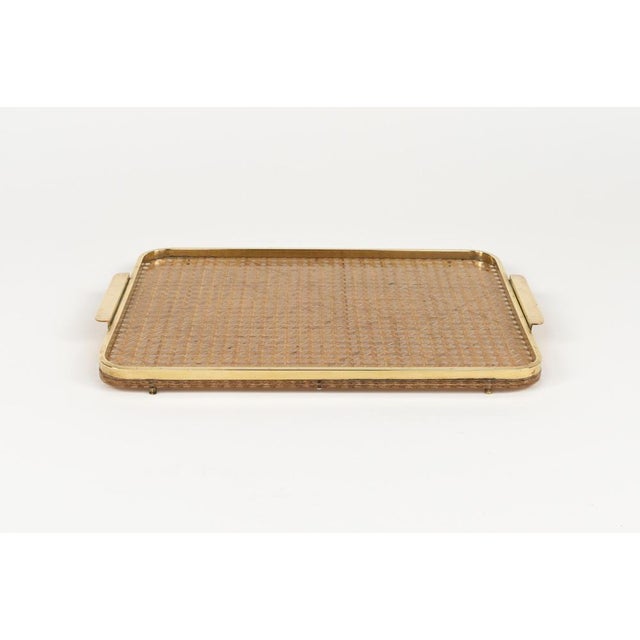 Midcentury beautiful rectangular with handles, serving tray in acrylic and rattan with brass border in the style of...