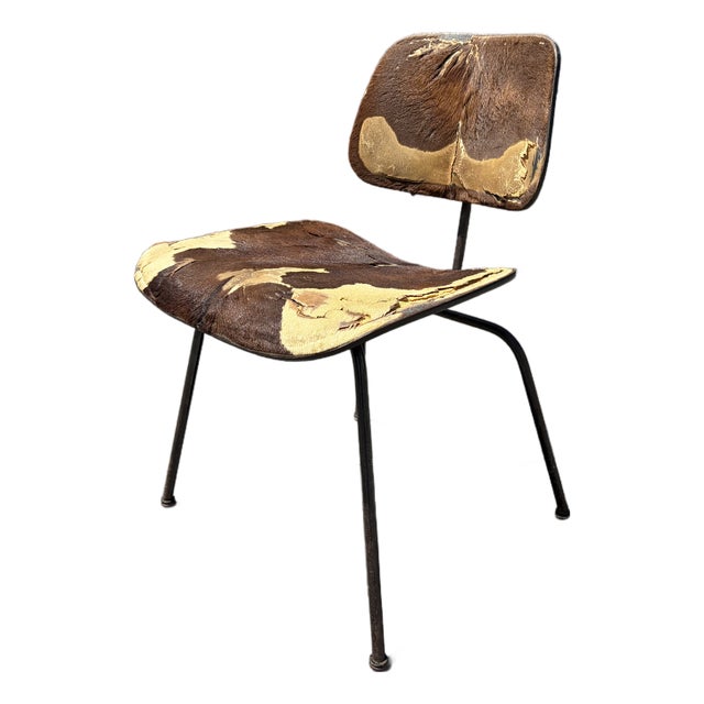 1950s Early Eames style DCM Dining Chair With Original Hair on Hide Upholstery, Cowhide For Sale