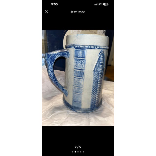 Embossed Blue and White Stoneware Pitcher by Robinson Pottery Company. For Sale - Image 4 of 5