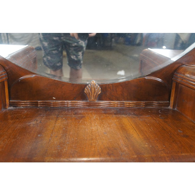 Early 20th Century Antique Art Deco Waterfall Walnut Vanity Dressing Table W Round Mirror 68" For Sale - Image 5 of 12