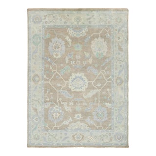 Modern Hand-Knotted Oushak Style Wool Rug in Muted Taupe, Soft Blue, and Seafoam For Sale