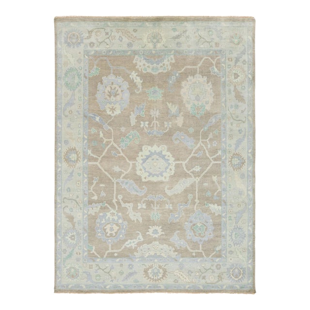 Modern Hand-Knotted Oushak Style Wool Rug in Muted Taupe, Soft Blue, and Seafoam For Sale