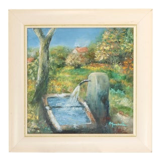 French Village Scene w/Fountain Painting For Sale