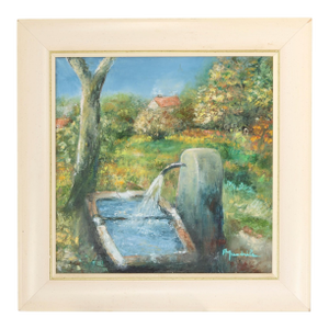 French Village Scene w/Fountain Painting