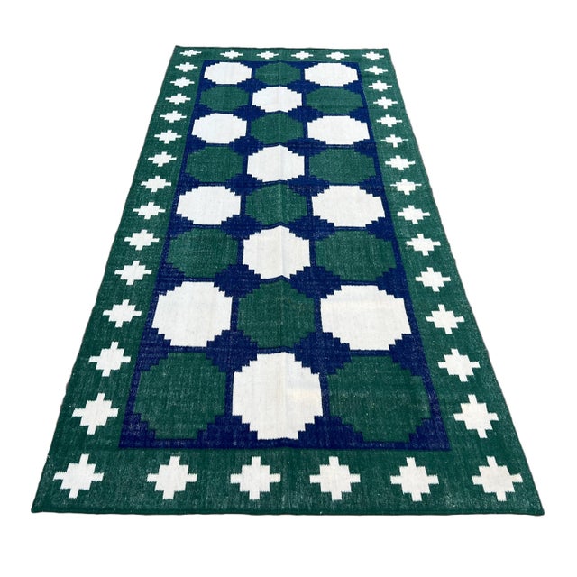 Handmade Woolen Dhurrie Runner, Vegetable Dyed Forest Green, Navy Blue Tile Runner- 4'x20' For Sale - Image 9 of 10