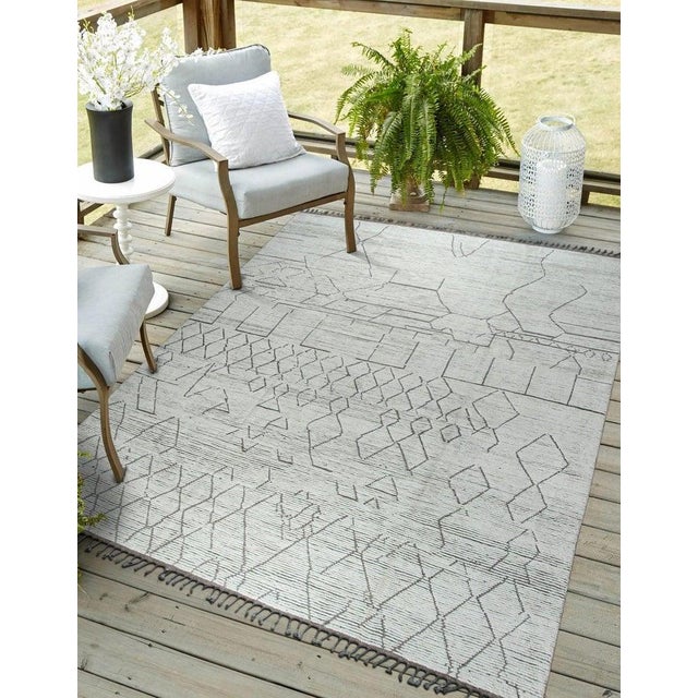 Textile 9x12 Ivory Hand-Knotted Wool Linear Diamond Grid Tribal Modern Carpet Rug For Sale - Image 7 of 7