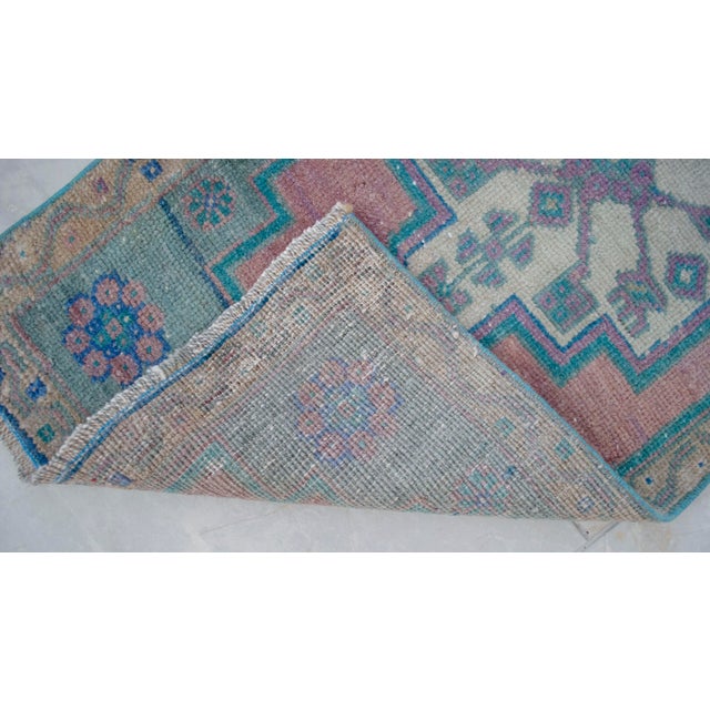 Textile 1970s Low Pile Hand Knotted Turkish Rug Faded Mat Kitchen Bathroom Decor Doormart- 19'' X 40'' For Sale - Image 7 of 13