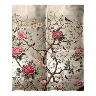 Hand-Painted Chinoiserie Wallpaper on Champagne Metallic, Peonies & Birds – Set of 2 For Sale