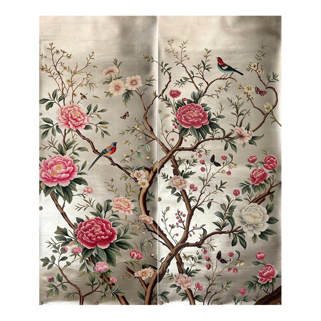 Hand-Painted Chinoiserie Wallpaper on Champagne Metallic, Peonies & Birds – Set of 2 For Sale