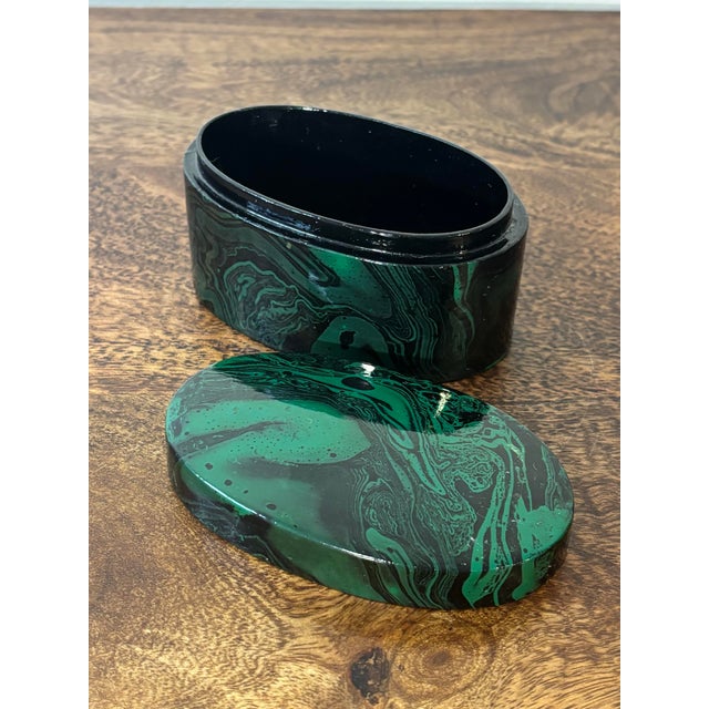 Late 20th Century Vintage Faux Malachite Hand Painted Paper Mache Box, Lacquered For Sale - Image 5 of 6